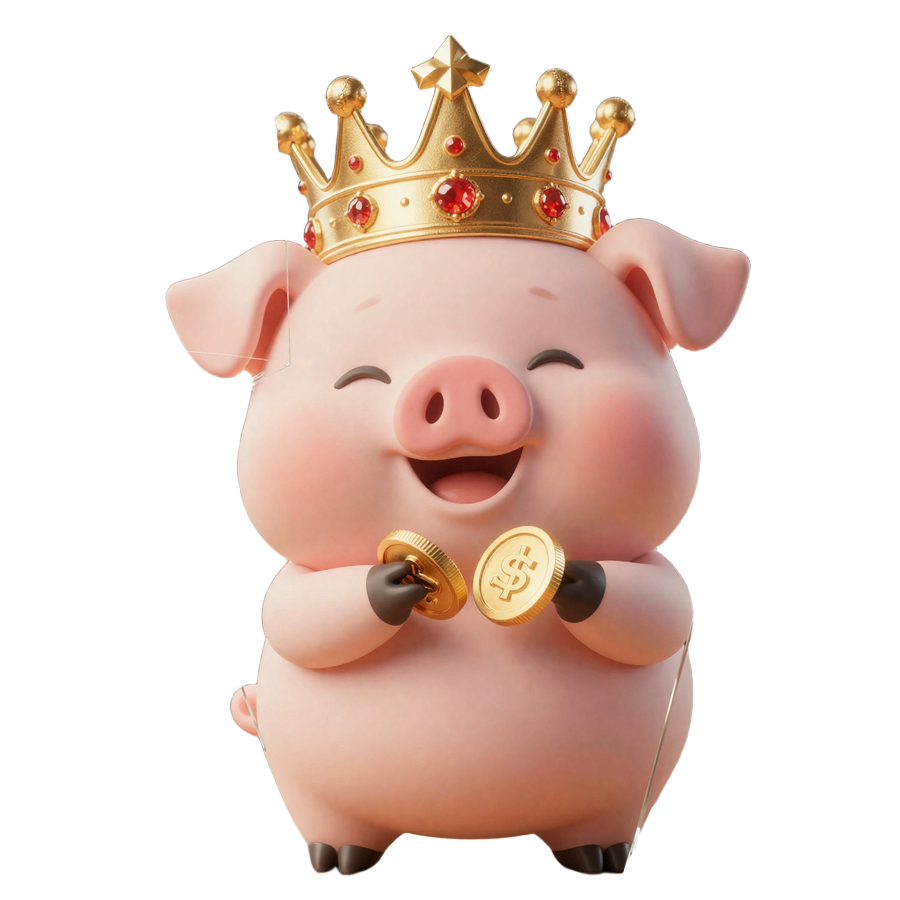 Maskottchen Buzzer-Schwein mit goldener Krone schaut durch Glasscheibe ins CrazyBuzzer Casino